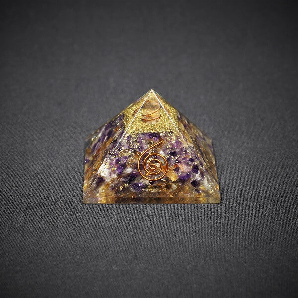 Amethyst, Citrine, Clear Quartz Orgonite Pyramid - 144 grams - Heavenly Crystals Online