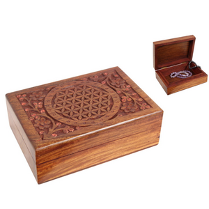 Wooden Trinket Box – Flower of Life Design – Carved Keepsake Storage Box - Heavenly Crystals Online