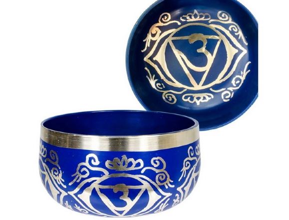 Blue Brass Singing Tibetan Bowl includes Striker and Cushion - Third Eye Chakra - Awareness - Heavenly Crystals Online