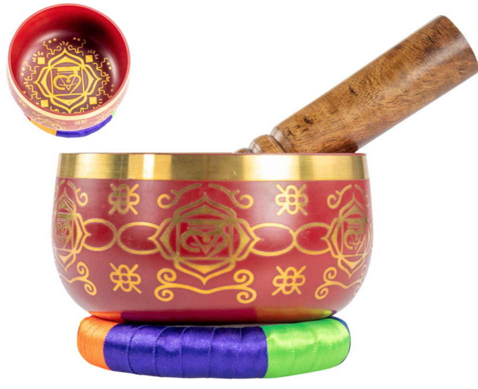 Red Brass Singing Tibetan Bowl includes Striker and Cushion - Base/Root Chakra - Basic and Trust - Heavenly Crystals Online