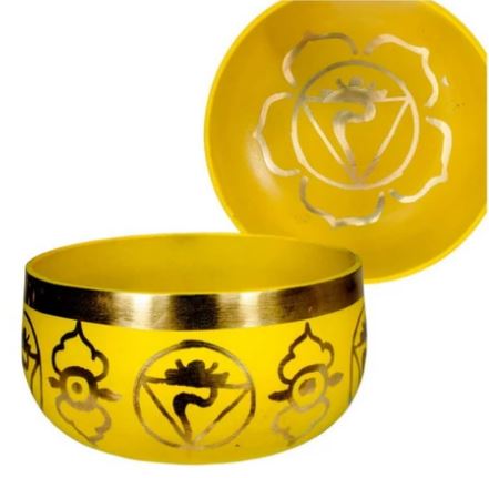 Yellow Brass Singing Tibetan Bowl includes Striker & Cushion - Solar Plexus Chakra - Wisdom & Power - Heavenly Crystals Online